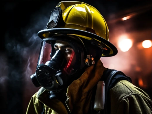勇敢的消防员在烟雾中戴上安全帽，紧急照明下近距离拍摄