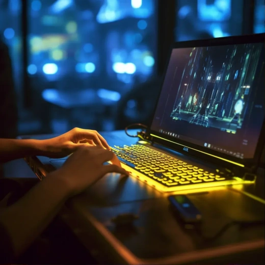 黃色襯衫男子在電子商店內玩著游戲，手觸筆記本電腦細節。夜幕下，霓虹燈照亮了他的游戲世界。
