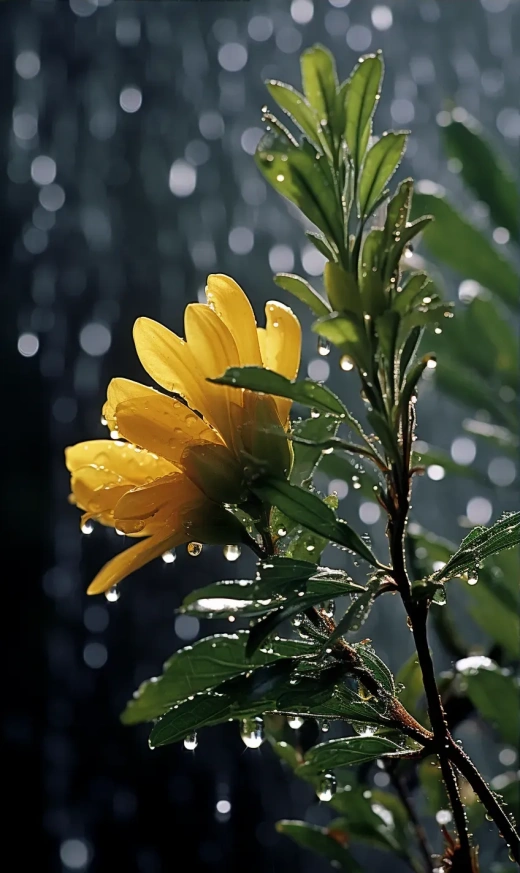 雨中绽放的黄花朵：自然与艺术的交融