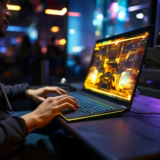 游戏之夜：男子手部特写，身着黄衣蓝裤坐在游戏椅上玩笔记本电脑