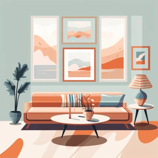 柔和色彩与图案的客厅平面矢量插画