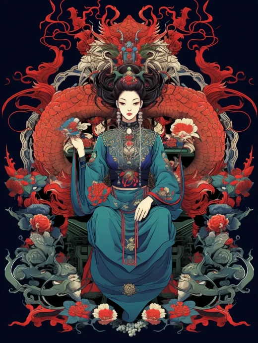 中國(guó)古代皇后龍椅圖：紅藍(lán)綠藝術(shù)與商周裝飾的融合