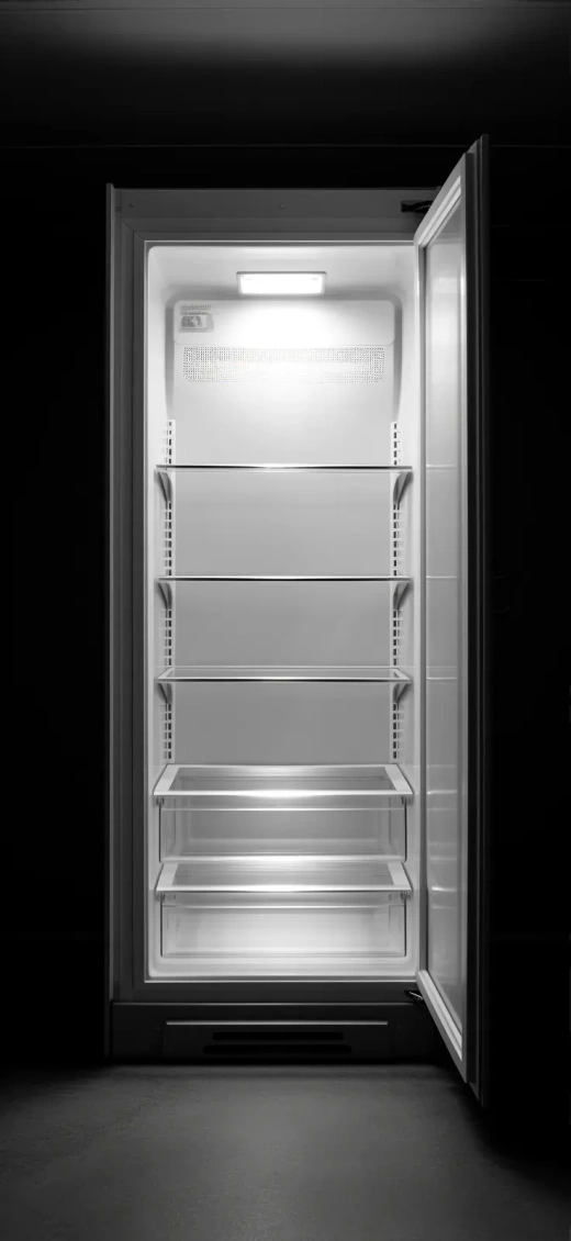 空冰箱门敞开，模糊透明风格，包豪斯实用设计，RTX开启，野性核心，1000-1400年CE，伊尔福德平400，收藏与展示模式——AR 59:128。