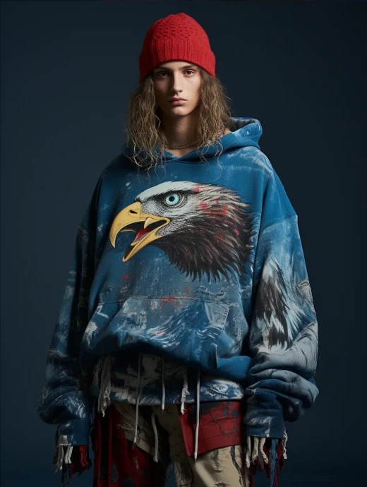 蓝色hood sweater，上面印有鹰和鹰的字样，风格为日本影响的洗水印花，采用etam cru材质，水晶般璀璨，尺寸3:4，短款250。