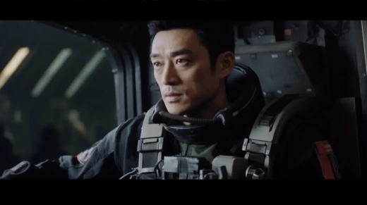 亚洲男子驾驶黑色战机，凝视窗外，黑白对比强烈的风格化电影画面