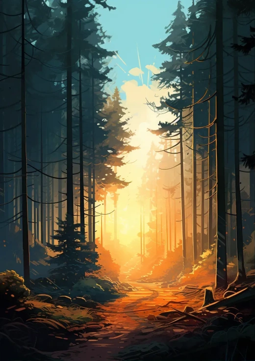 阳光穿透树木的森林，