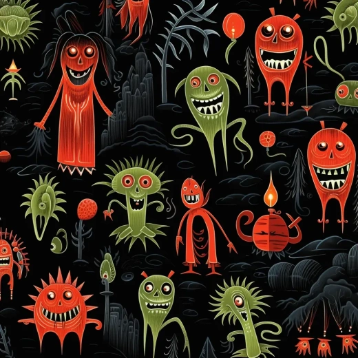 复古纺织品图案：黑底上的吸血鬼、弗兰肯斯坦、幽灵和巫婆