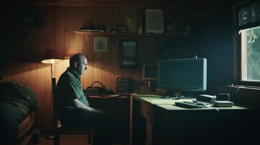 孤独父亲在破旧木屋办公室，冷光下玩35mm胶片，电视广告风格，16:9宽屏，5.1声道