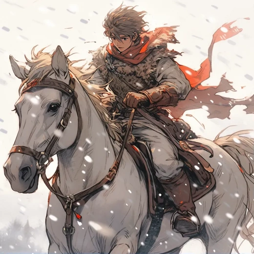 年轻男子骑马穿越雪地，热情可爱——尼吉5