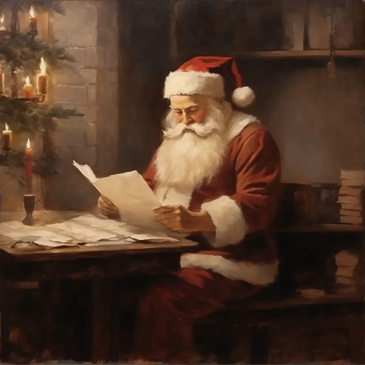 复古旧油画：圣诞老人读信，柔和色调（19:16 2.0）