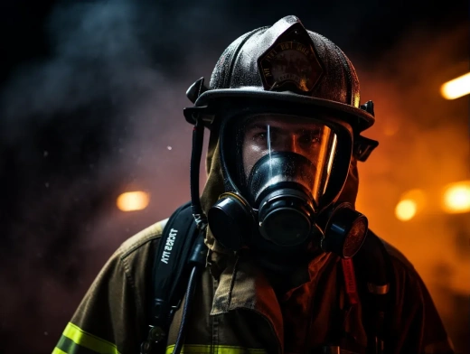 勇敢的消防员在烟雾中戴上安全帽，紧急照明下近距离拍摄