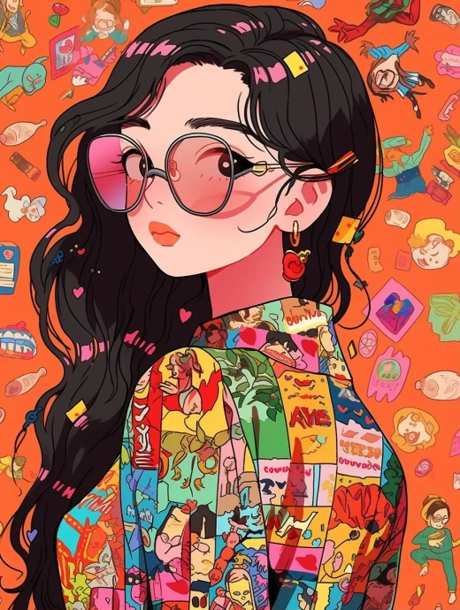 彩色襯衫女士與蝴蝶夫人的藝術插畫：復古美學與潮流的完美融合