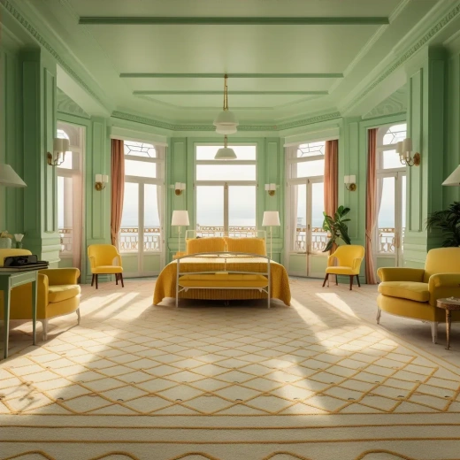 超现实豪华酒店：大窗户和柔和绿色墙壁的卧室，黄色地毯铺设在地板上