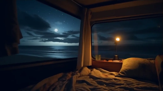 从露营车窗外看，夜晚海滩，高清8K DSLR拍摄，锐利焦点，超真实感——16:9宽屏