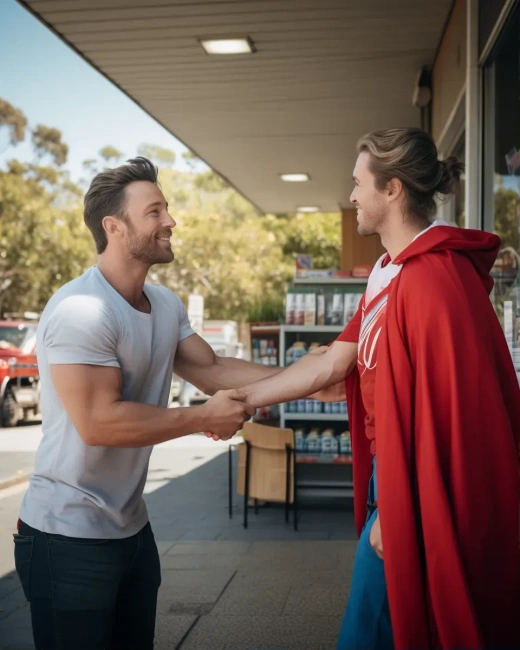 销售员身着超级英雄服与药剂师握手的照片：充满活力的户外早晨色彩缤纷
