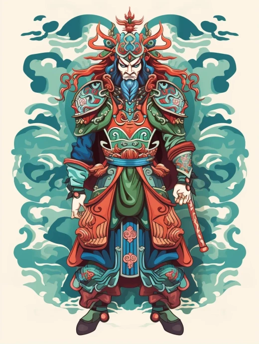 中国古代将领全身立像：红蓝绿图像风格与商周装饰艺术相结合