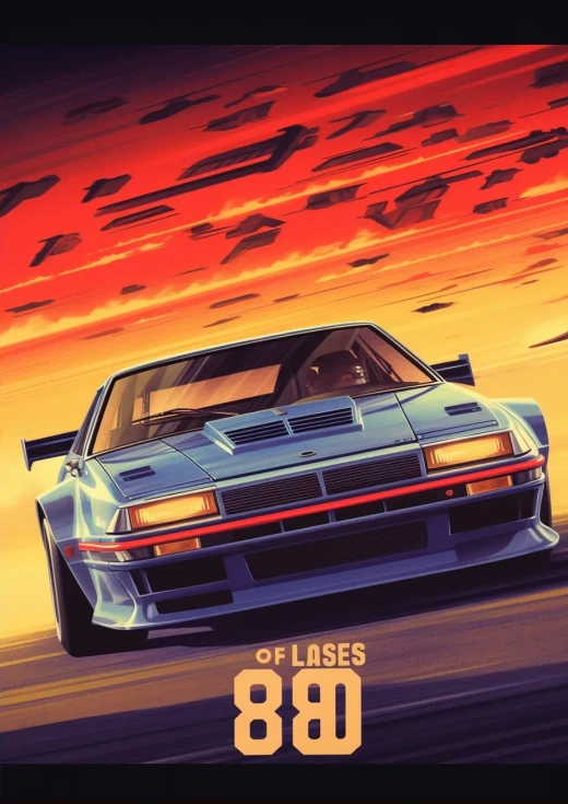 80年代风格汽车赛车海报，蒂姆·莱泽尔风格，尺寸538x25，分辨率5:7。