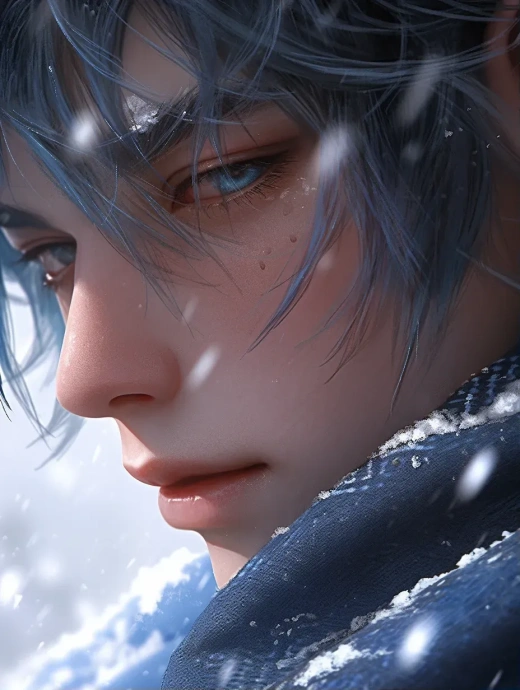 英俊男子雪日蓝天下的真实质感与超近距离细节