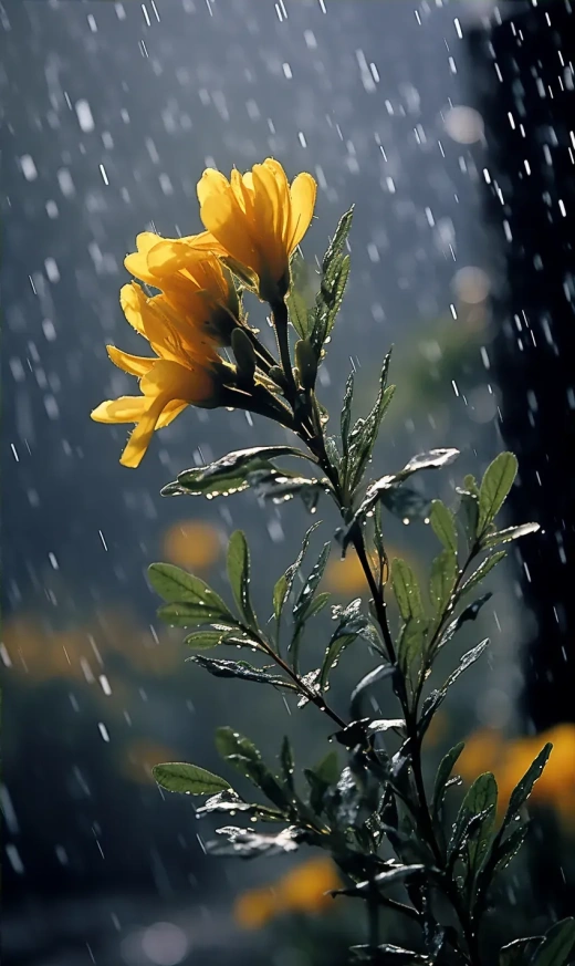 雨中绽放的黄花朵：自然与艺术的交融