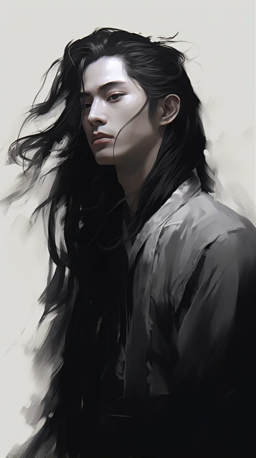 徐悲鴻風格寫實人物肖像：長發男子概念藝術