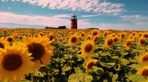 在康涅狄格州，太阳花田的广角镜头与和平标志灯塔