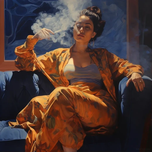 超写实风格：沙发上抽烟的人油画，玛拉诺艺术的光影细节