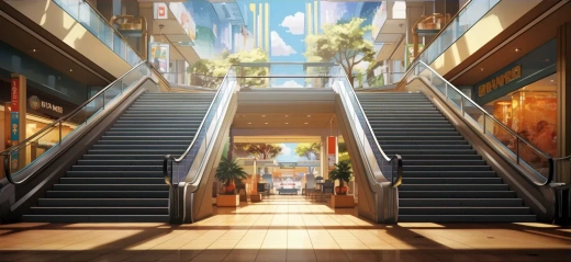 华丽购物中心内部，动漫风格的自动扶梯
