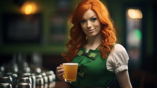 红发女服务员扮成爱尔兰女人，为庆祝圣帕特里克节提供啤酒，绿色调氛围 - 16:9