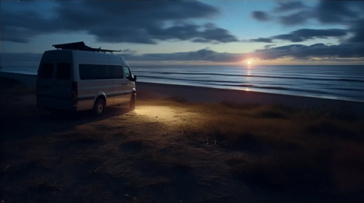从露营车窗外看，夜晚沙滩，高清8K DSLR拍摄，锐利焦点，超真实感——16:9宽屏