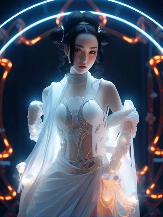 霓虹光与神圣之光：中国女孩穿着汉服的奇幻之旅