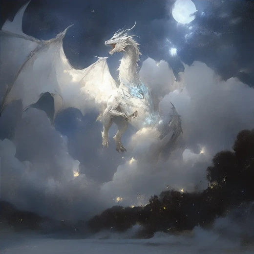 以雷姆布兰特光线描绘的白色龙与月夜童话城堡，天空中飞舞的蝴蝶，深邃的天空蓝与明亮的翡翠绿，巧妙的错觉细节，星象艺术组（星空），梦幻般的点彩画，广阔的风景，梦幻的人物——180°全景1:1尼吉5