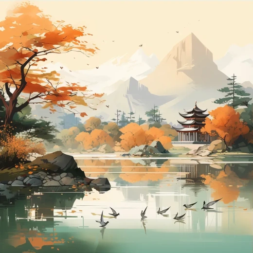 中国传统水墨画：湖边亭阁与鸟绘艺术的精致展现