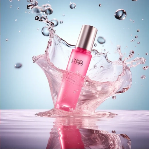 粉色保湿护肤品产品摄影，悬浮在空中的一瓶粉嫩护肤霜，背景为清澈水面和飘浮植物，专业灯光拍摄，高清细节4K。