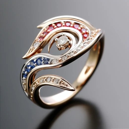 红白蓝蓝宝石的尚善瑞拉风格漩涡设计戒指，平面艺术风格，美不胜收，精密工艺，大理石，传统——AR1:1——风格原素——V5.2。