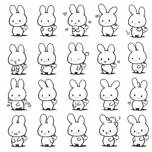 简约卡通涂鸦：黑线小兔的多样表情与姿势