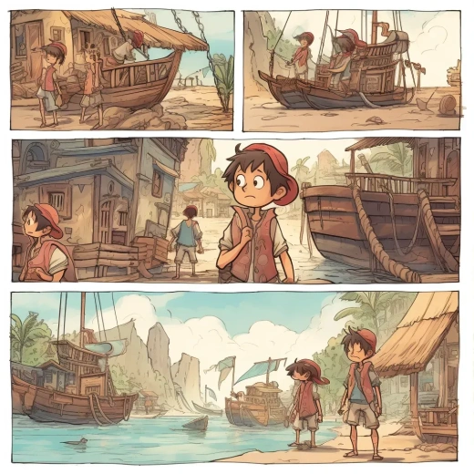 故事板动画漫画：海盗村男孩寻找彩色冒险
