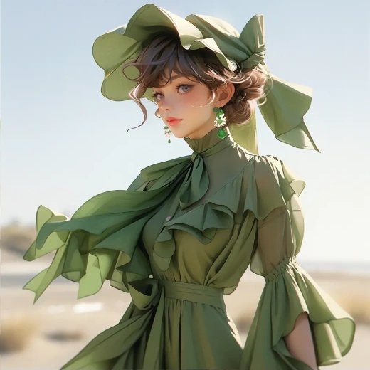 3D动漫绿色连衣裙，浪漫自然风格，柔和梦幻色调，奥罗拉朋克，海滩写真，唐朝风华，高品质照片，爱德华时代美女，180度视角，1:1比例，表现力十足。