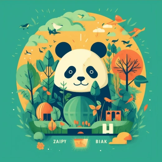 中文标题：地球日海报：熊猫吃竹子，老虎、狮子与大象共聚绿球地球