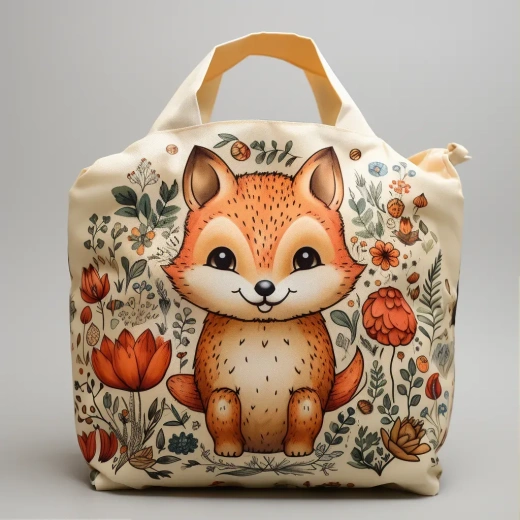卡通插画购物袋：环保欢乐的笑脸动物与植物图案