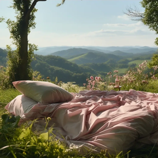 翠山之床：粉红床单的柔滑质感与两枚白色枕头，远处森林环绕。