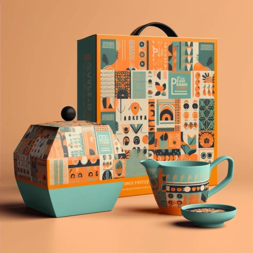 复古风格茶具包装设计：插画、几何图案与鲜艳色彩的完美融合