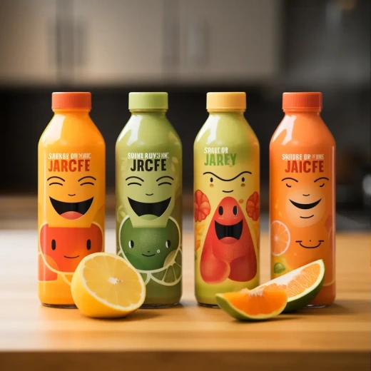 有趣的果汁广告：以有机形状和线条风格，受到波普艺术启发的图形，亮橙色和绿色，鲜明且未经过滤，获奖作品，快乐核心，杰里·平尼250个AR1:1原始风格V5.2。