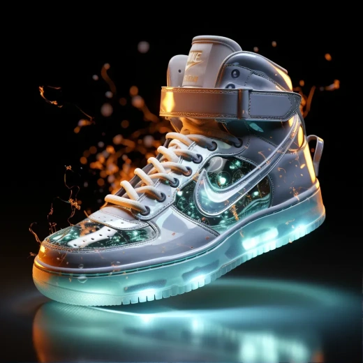 耐克与MMW合作的白色银色运动鞋设计，创新独特，4K高清摄像灯光效果