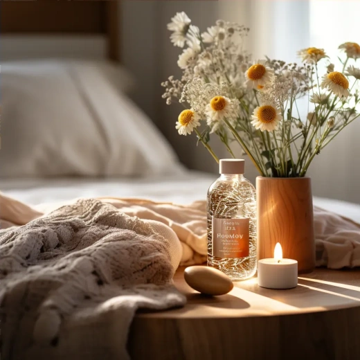极简风格卧室：香薰瓶、美丽床单与Nikon相机的视觉呈现