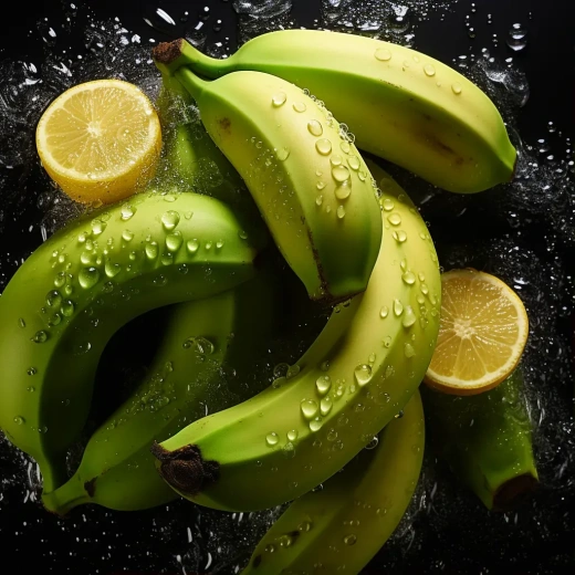 新鲜香蕉与闪烁水滴的高级美食摄影