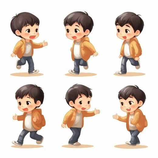 五岁亚洲男孩的可爱插画：多种姿势，无轮廓，全彩色