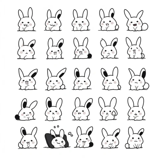 简约卡通涂鸦：黑线小兔的多样表情与姿势