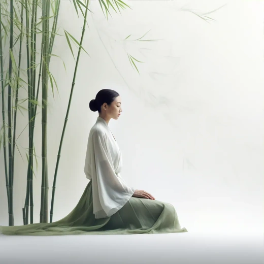 中国女士身着简约汉服，手持绿竹，以kos maior风格冥想的精美艺术照