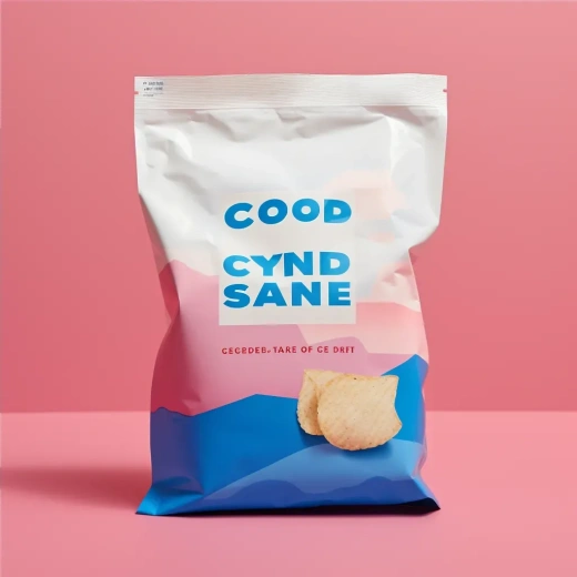 新乡村纯朴风格薯片包装，白色包装袋，粉蓝背景，1:1比例，原始风格，V5.2。