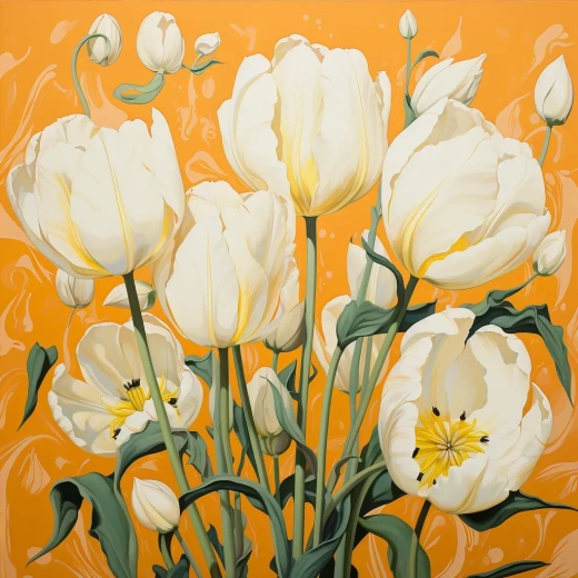 白色郁金香画作，黄背景，海夫卡拉曼、尼尔·维尔维尔、米哈伊尔·弗鲁贝尔风格，壁画绘画，单色作品，浅橙色和翡翠绿，自然比例，尺寸180x2，画布1:1，原始风格，调子5.2。